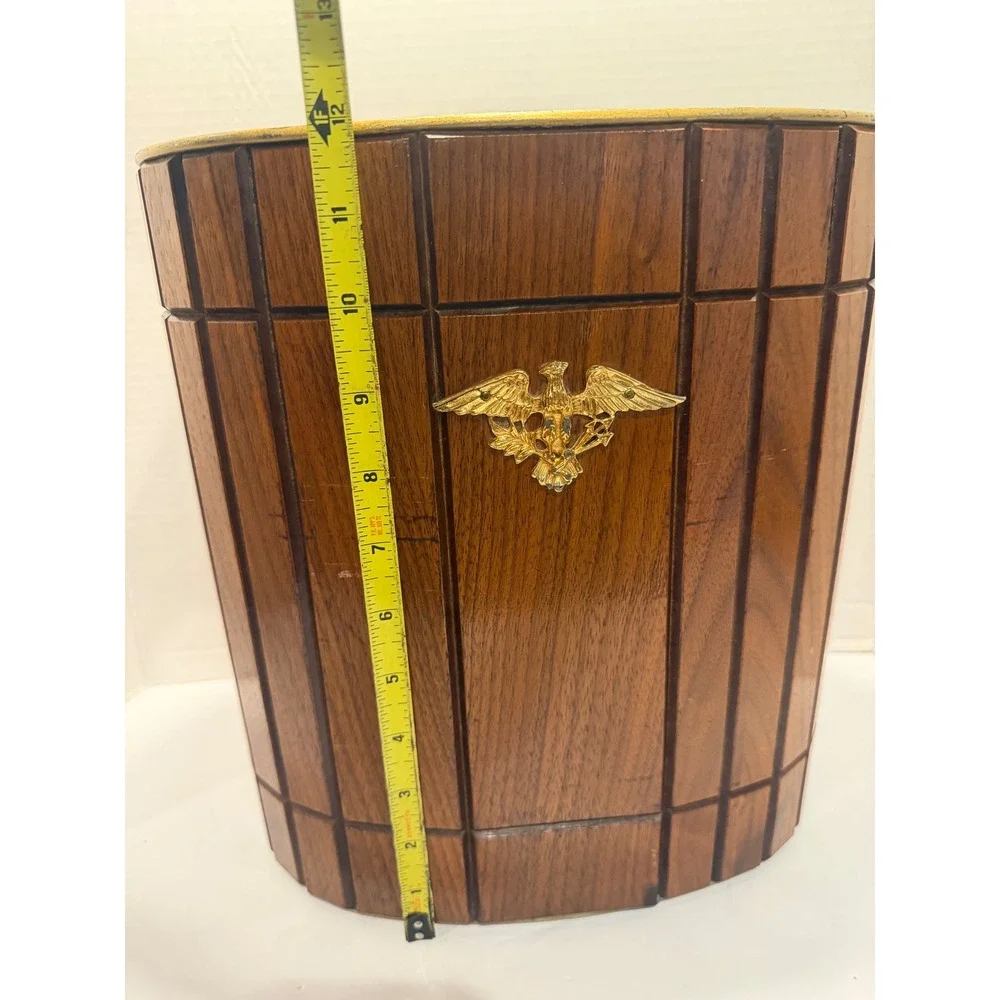 Vtg Gruvwood Walnut Tambour Slat Wastebasket Trash Can Eagle 1960s MCM USA Made